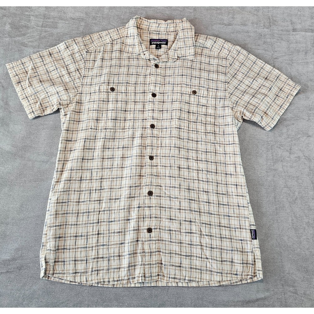 Patagonia Men's Plaid Button Up Shirt Tan Hemp & Cotton Short Sleeve Size M